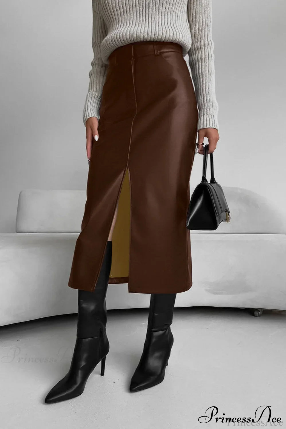 Split Design Fleece Lined Faux Leather Vintage Skirt