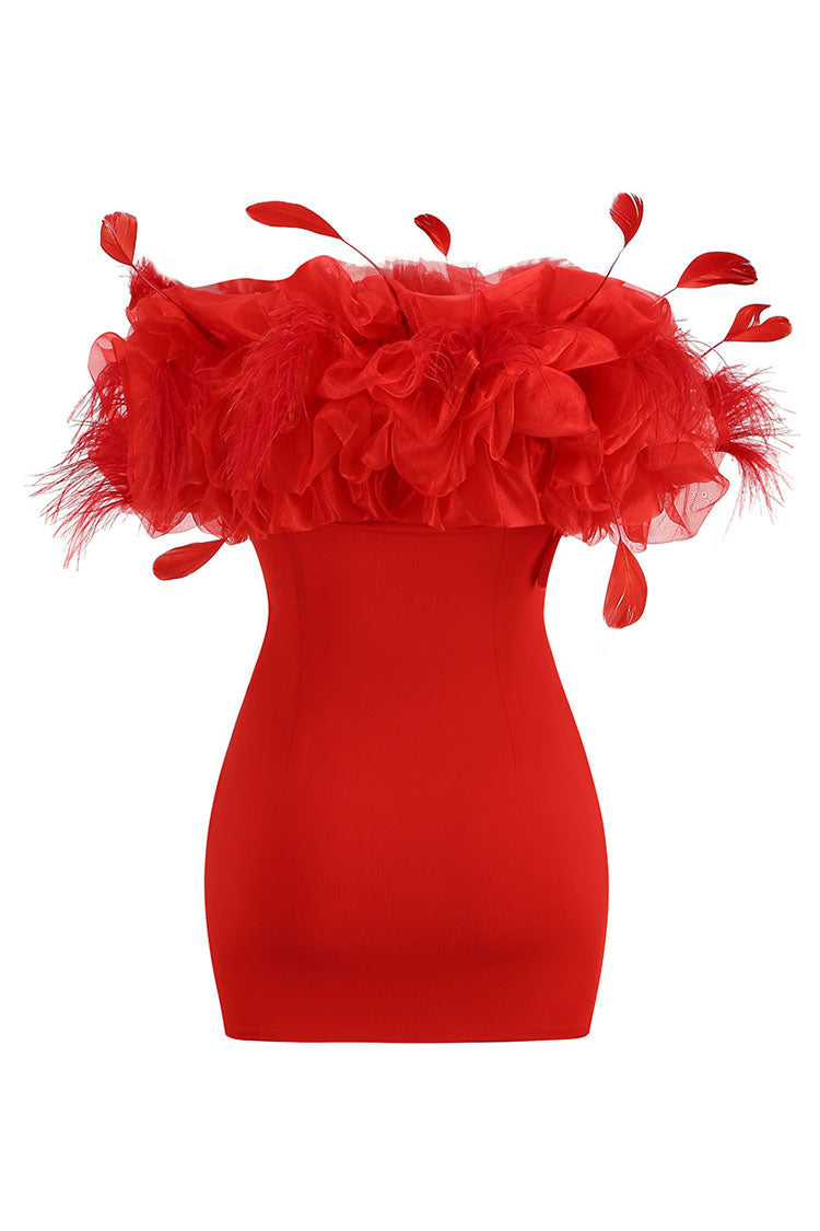 Feather Trim Off-Shoulder Ruffle Bodice Bodycon Mini Dress