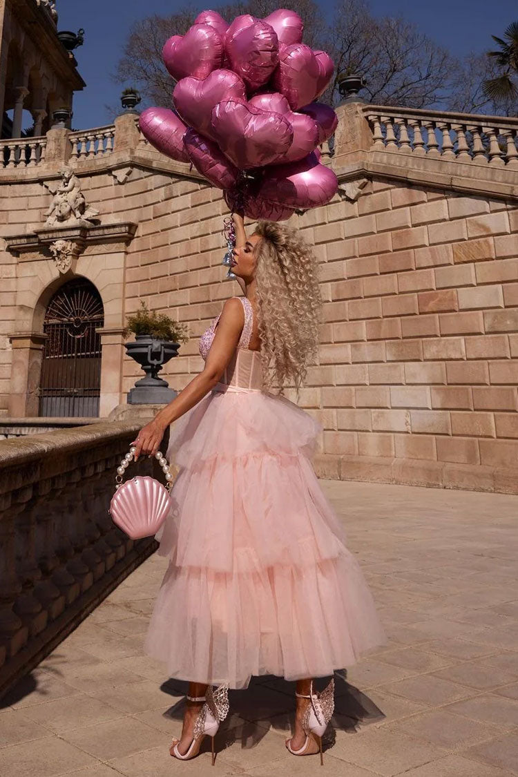 Sequin Corset Sweetheart Tiered Tulle Ball Gown Maxi Dress