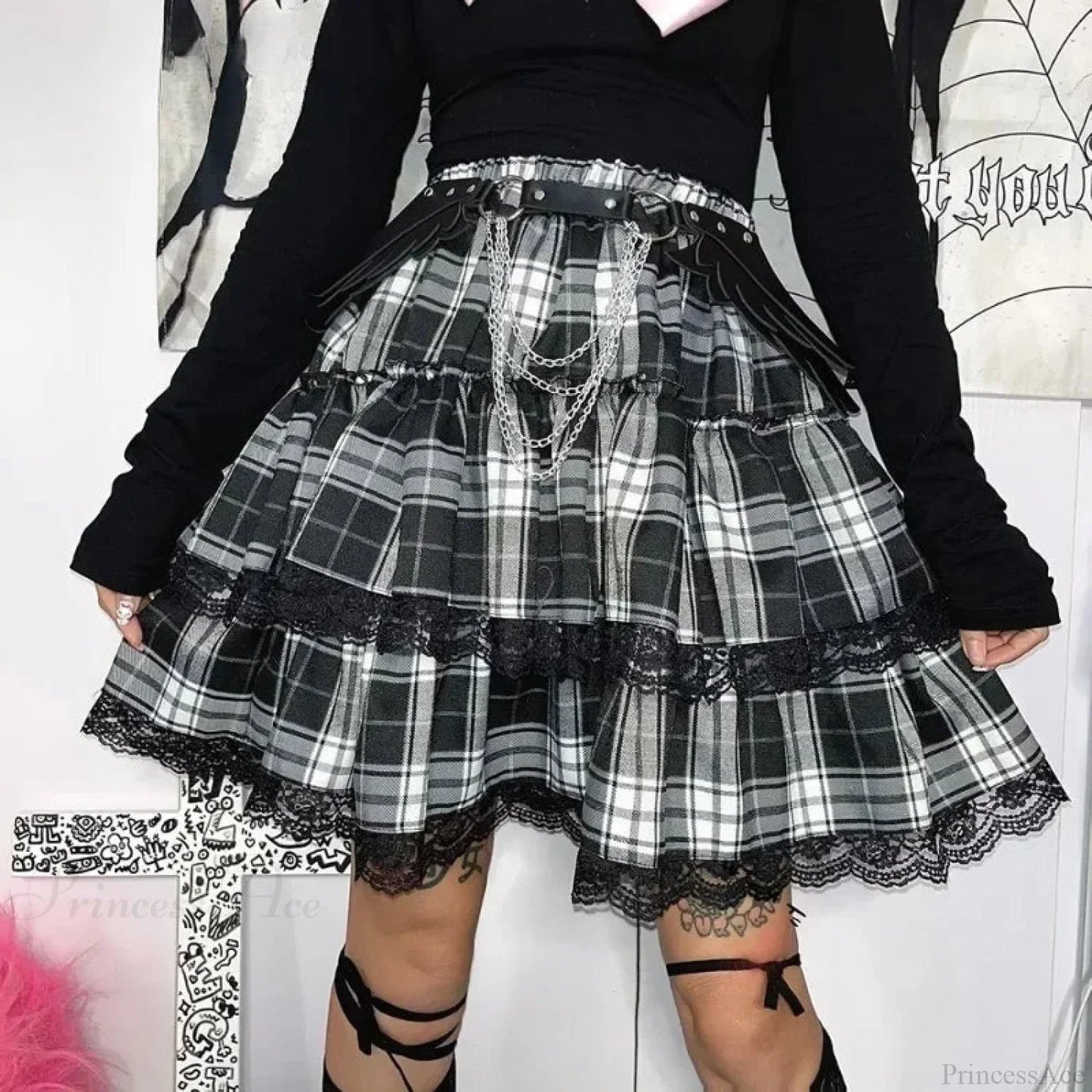 Stylish Tartan Patchwork Lace Skirt