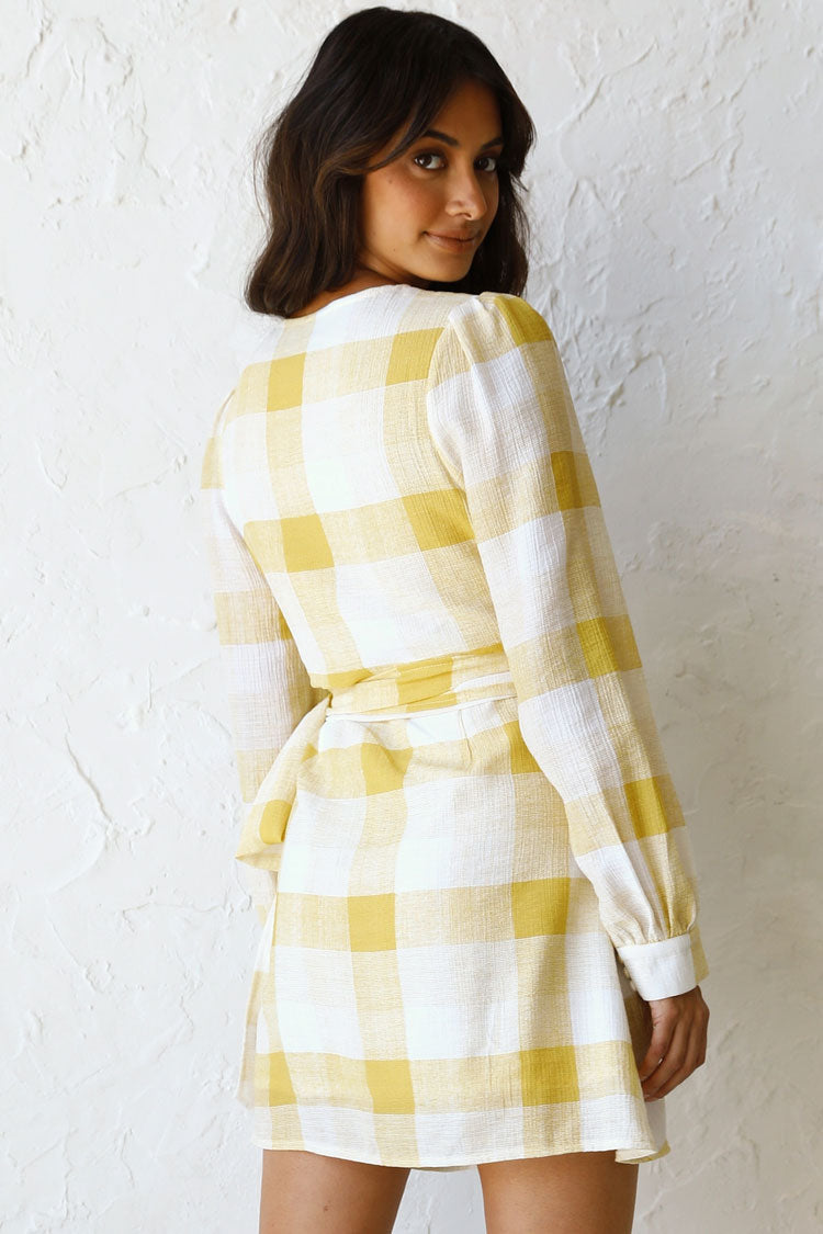 Plaid Gingham Wrap Tie Long Sleeve Puff Shoulder Mini Dress