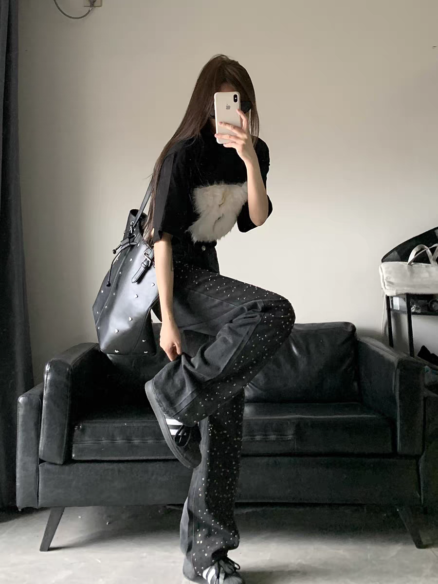 Black Wide Leg Denim Studded Pants