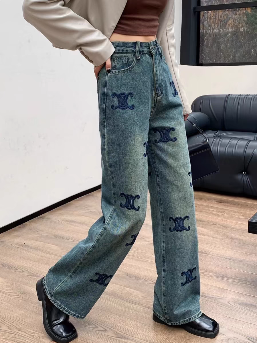 C H Distressed Blue Wide Leg Denim Pants
