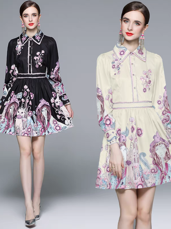 Floral Vintage Print A Line Dress with Belt