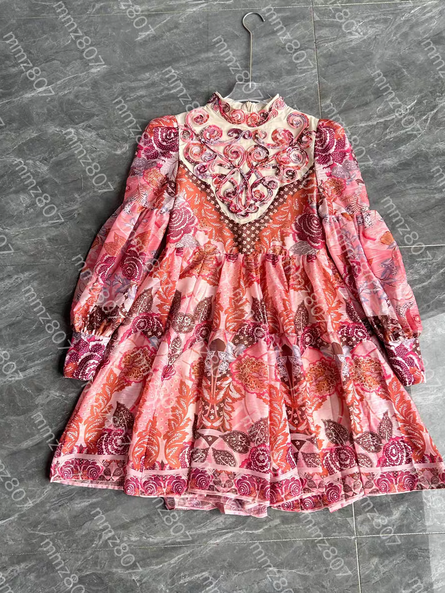 Floral Print Vintage High Neck A Line Dress