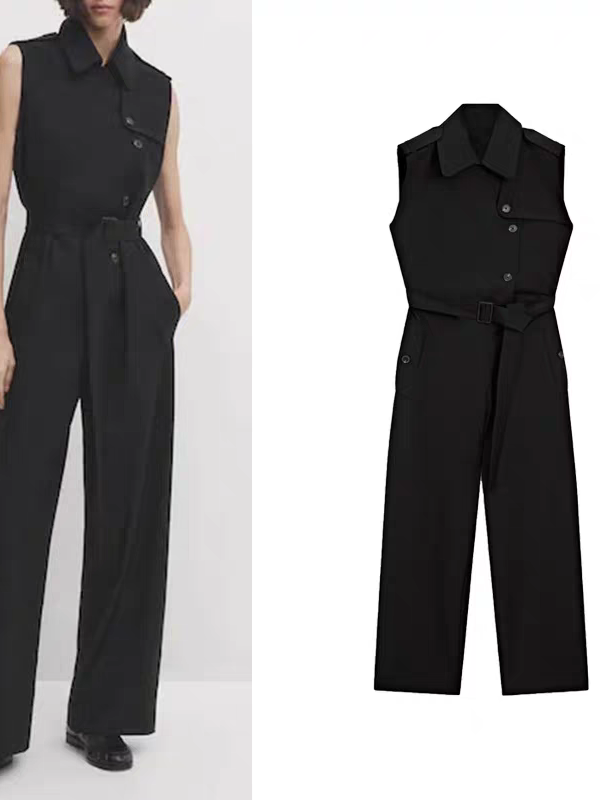 Black Sleeveless Vest Collar Jumpsuit