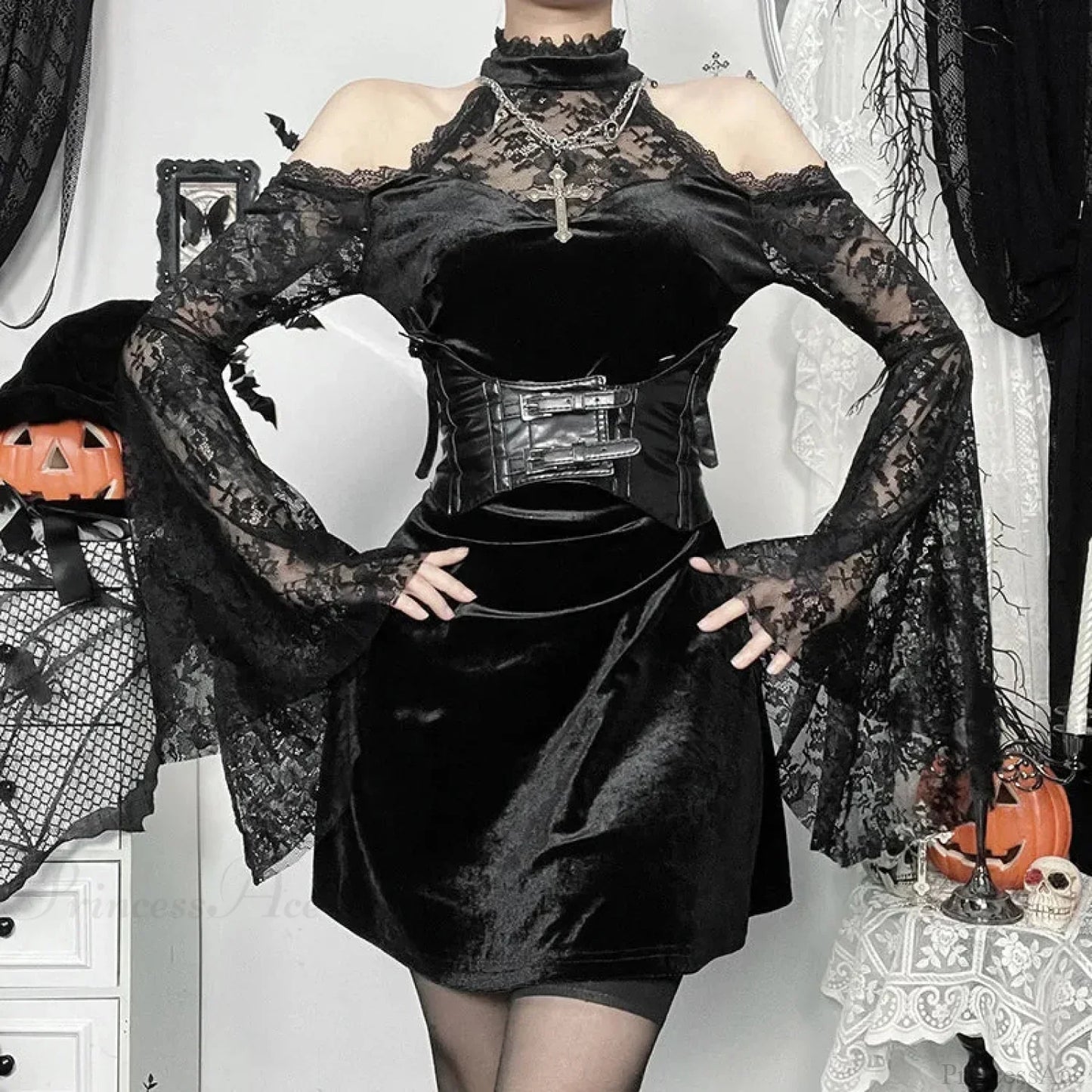 Velvet Floral Lace Mock Neck Cold-Shoulder Bell Sleeve Corset-Belt Mini Dress