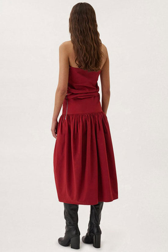 Strapless Drop Waist Bubble Hem Pleated Midi Dress