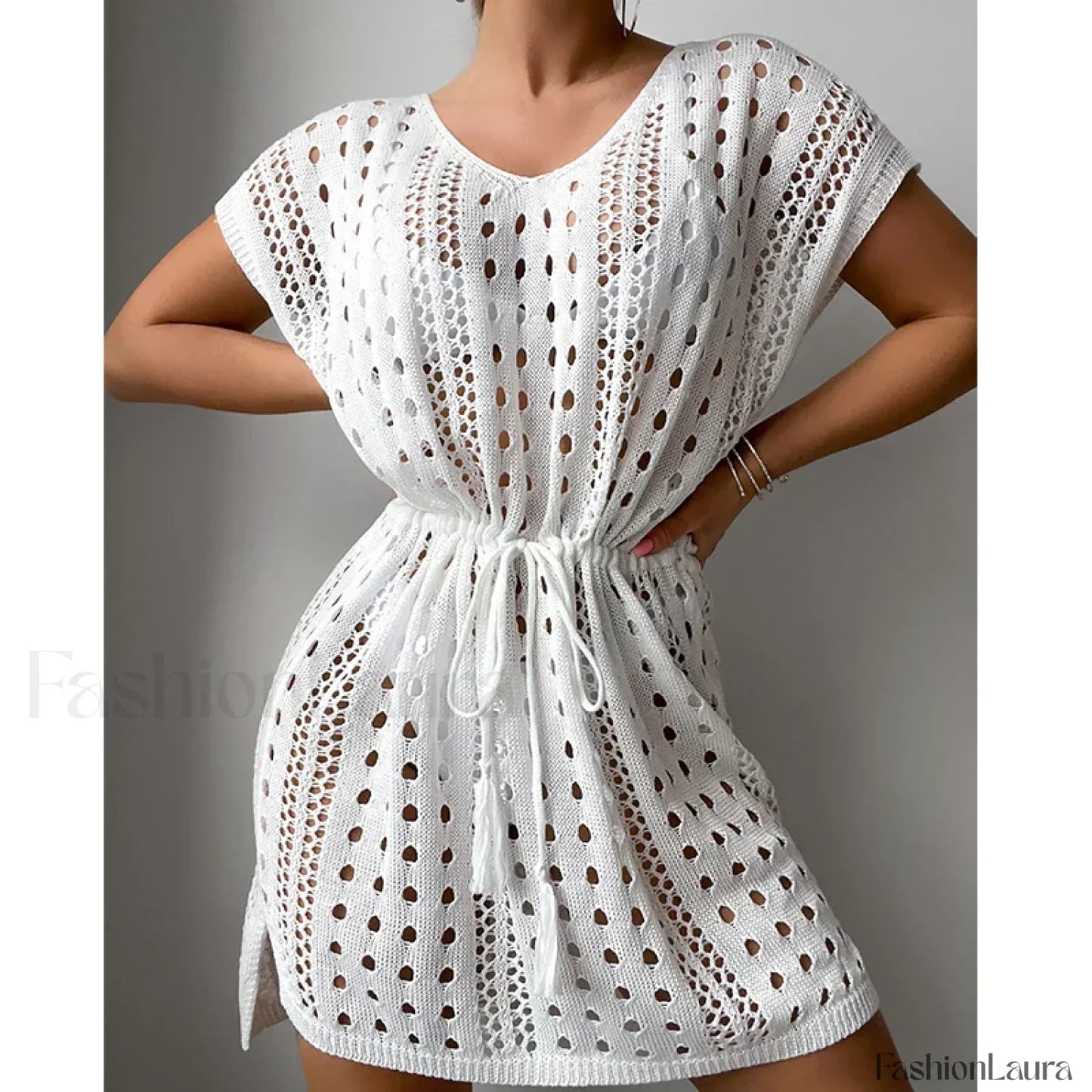 V-Neck Drawstring Slit Dress Cover Up