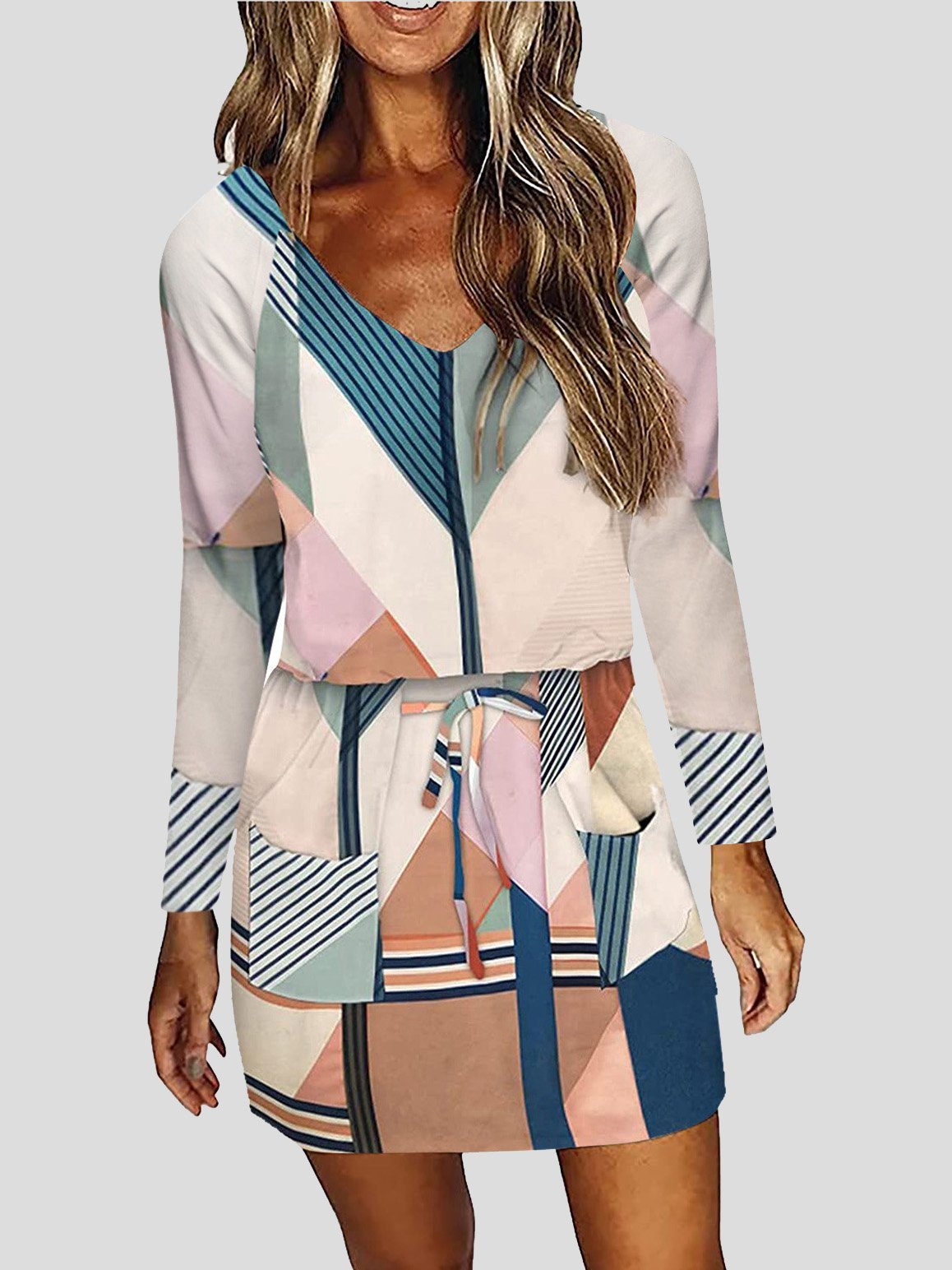 Geometric Print Drawstring Waist Patch Pocket Long Sleeve Mini Dress
