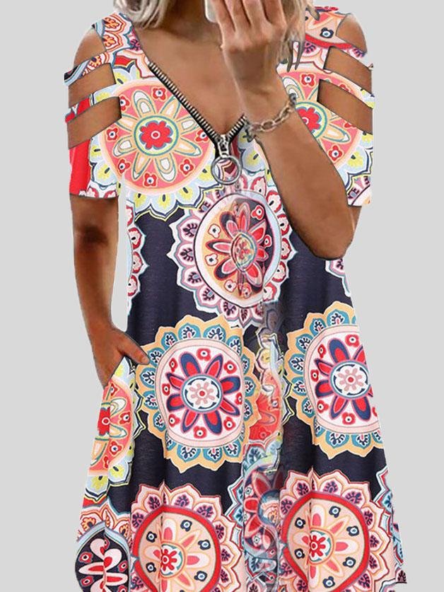 Mandala Print Zip Front Cold Shoulder Strap Midi Dress