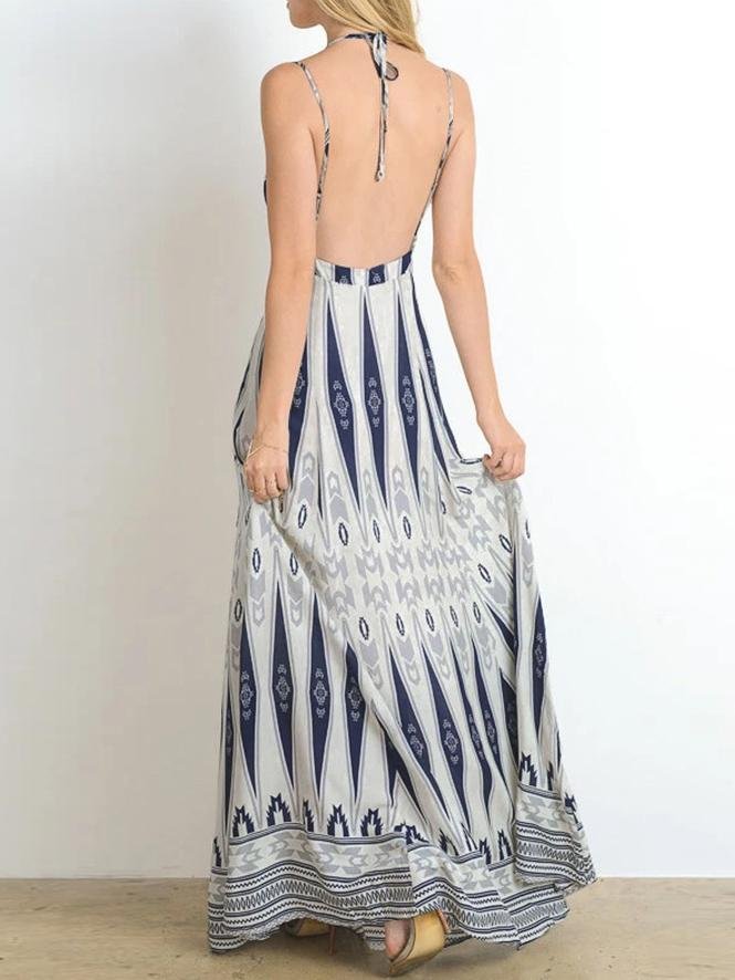 Geometric Panel Print V Neck Spaghetti Strap Empire Waist Boho Maxi Dress