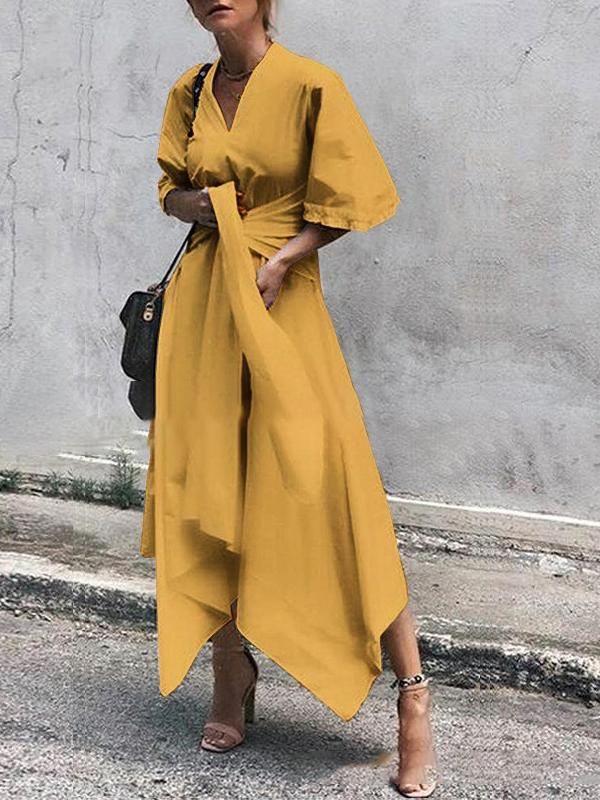 Deep V-Neck Flutter Sleeve Wrap Tie Asymmetrical Handkerchief Hem Midi Dress