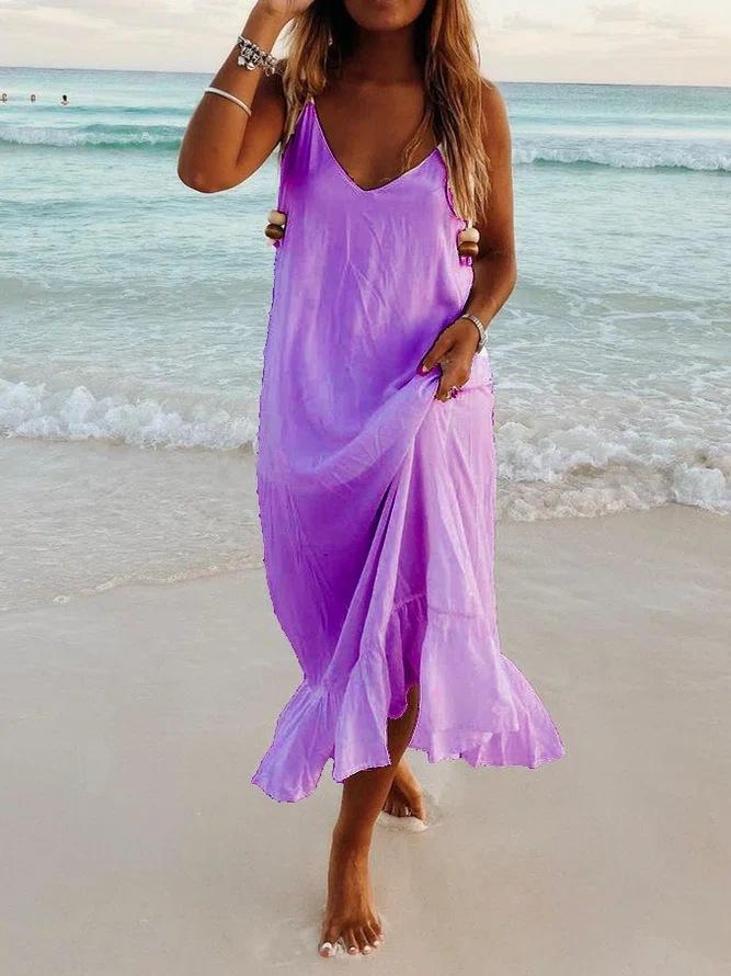 Deep V-Neck Spaghetti Strap Beaded Side Cut Out Ruffle Hem Maxi Dress