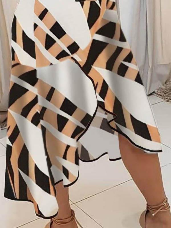 Deep V-Neck Tank Geometric Color Block Sash Tie Asymmetric Ruffle Hem Midi Dress