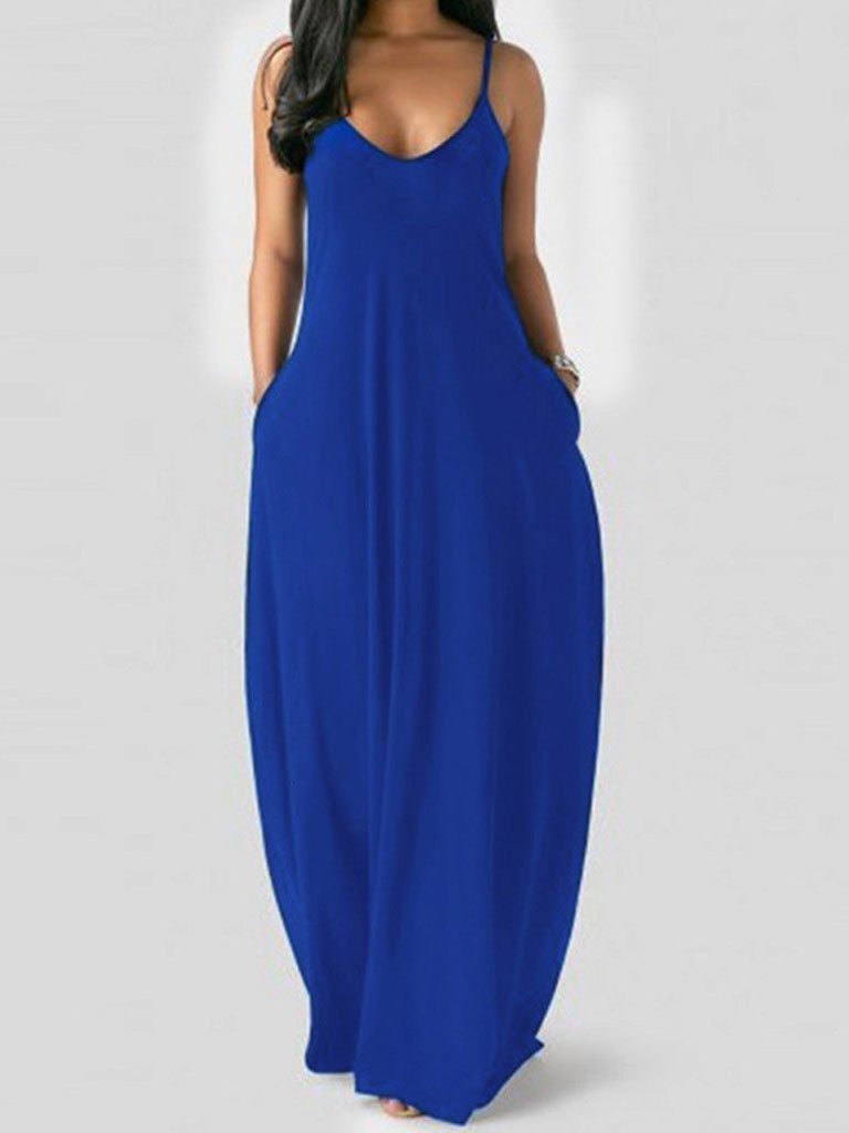 Deep V-Neck Spaghetti Strap Side Pocket Oversized Maxi Dress