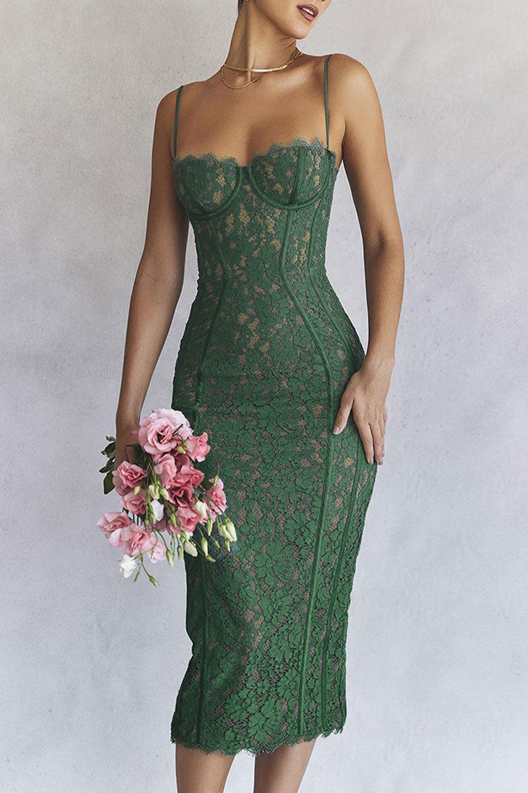 Sweetheart Neck Eyelash Lace Corset Boned Spaghetti Strap Lace Midi Dress