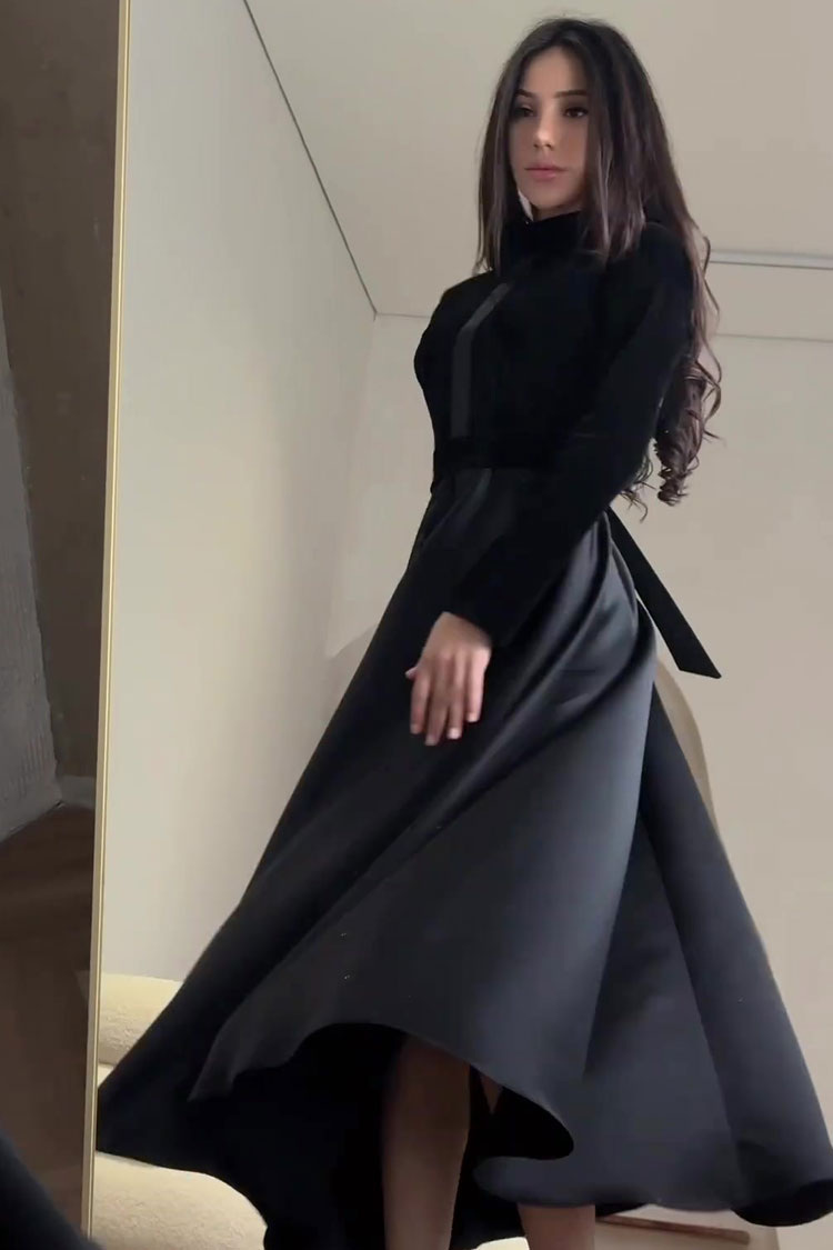 Mock Neck Long Sleeve Velvet Panel Pleated Satin Maxi Dress
