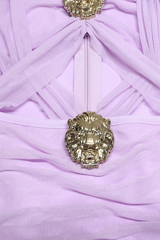 Ruched Mesh Crisscross Cutout Lion Medallion Chain Strap Midi Dress