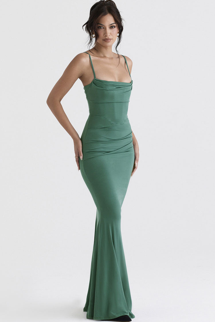 Square Neck Spaghetti Strap Corset Ruched Fishtail Maxi Gown