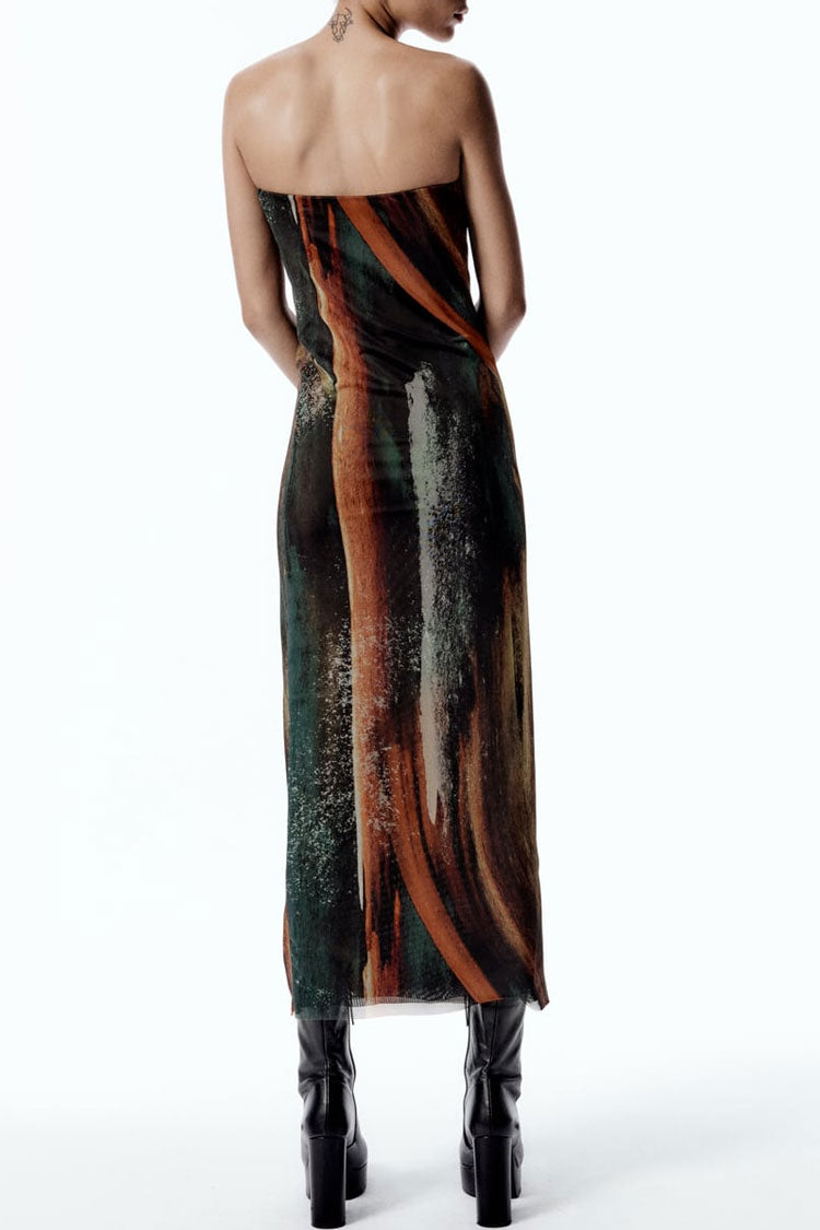 Strapless Abstract Brushstroke Print Column Mesh Midi Dress