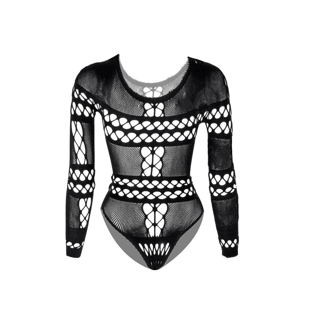 Long sleeve hollow out fishnet bodysuit