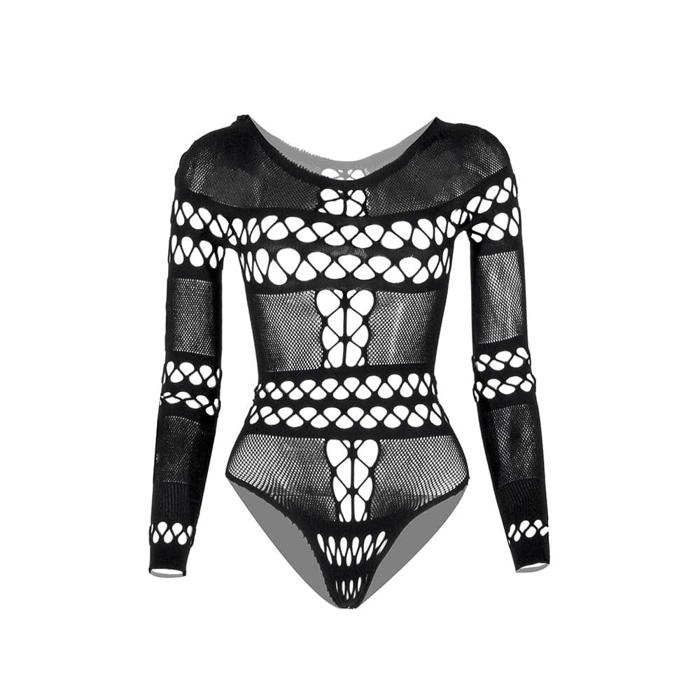 Long sleeve hollow out fishnet bodysuit