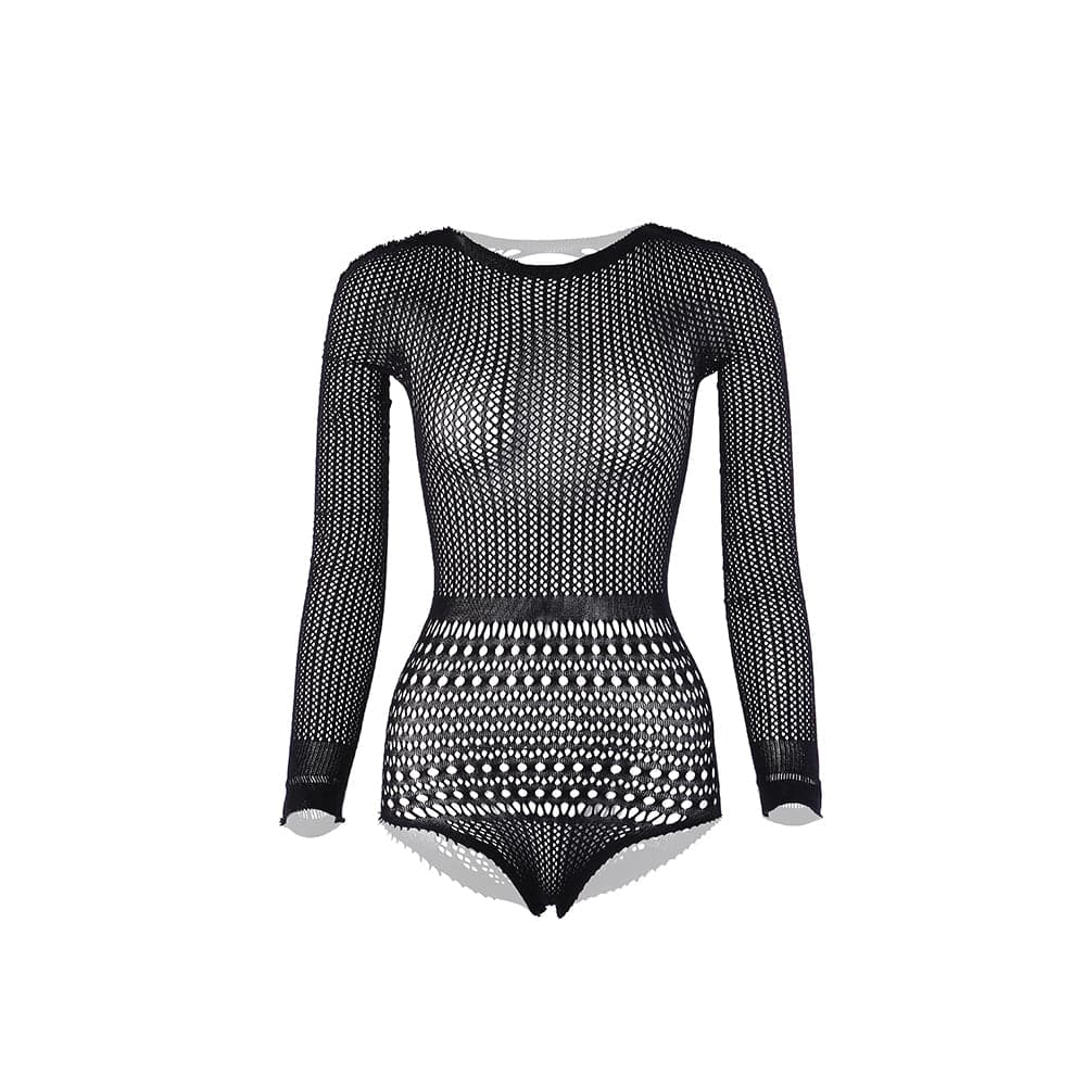 Long sleeve backless crewneck net bodysuit