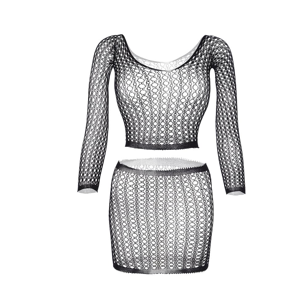 Long sleeve u neck net backless mini skirt set