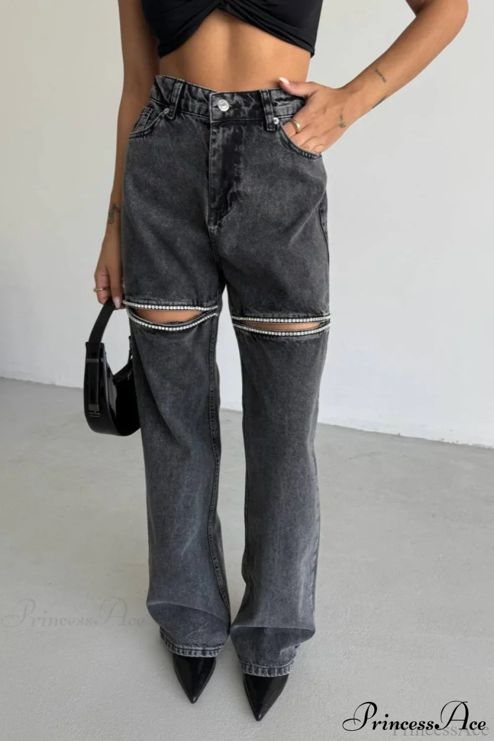 Washed Chain Distressed Straight Jeans