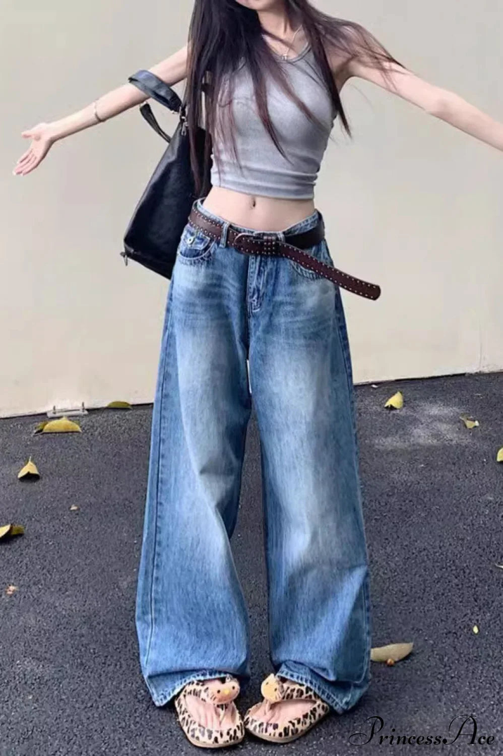 Washed High-Waisted Relaxed Straight Wide-Leg Jeans