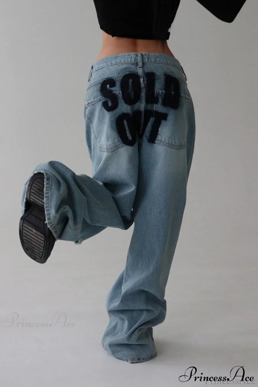 :Washed Letter Print Distressed Relaxed Straight Jeans