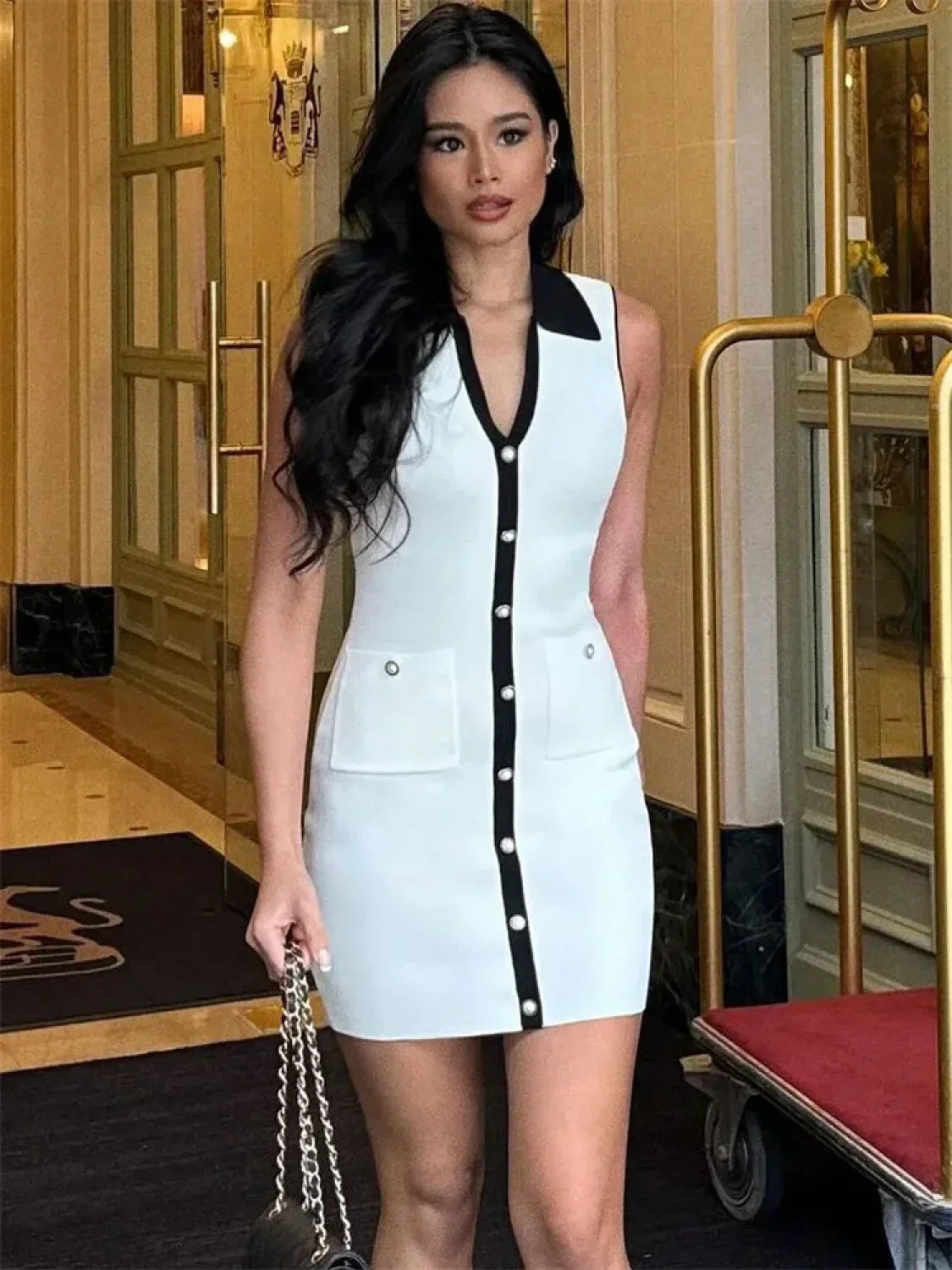 Collared Contrast Trim Button Front Sleeveless Mini Dress