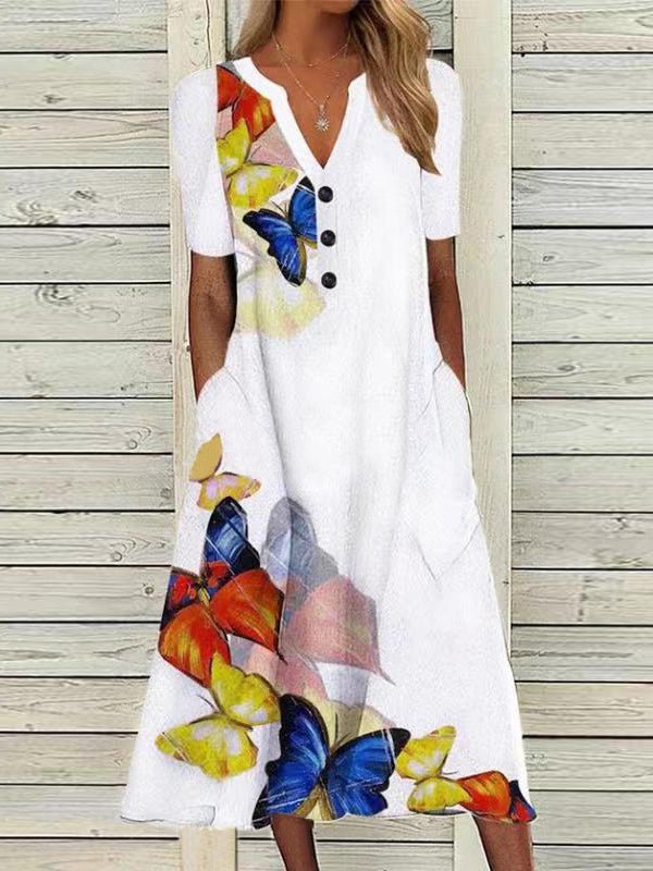 Butterfly Print V-Neck Button Front Short Sleeve Pocket Midi Dress
