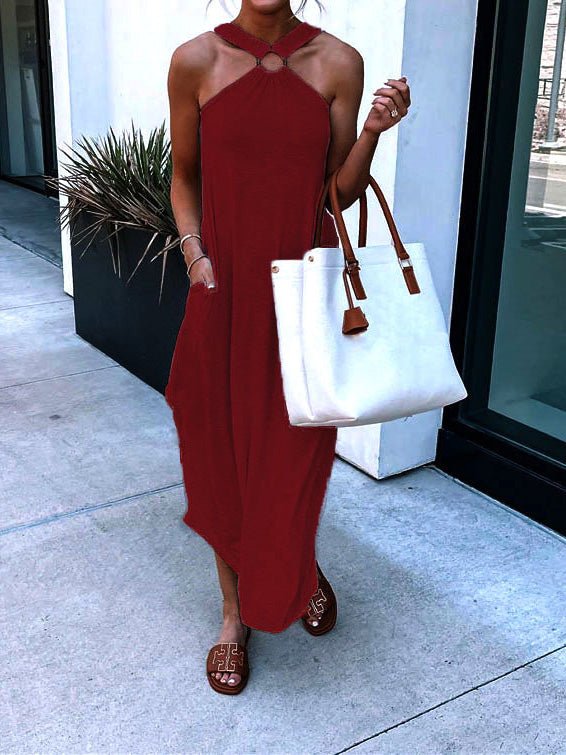 Halter O-Ring Neck Pocket Side Slit Jersey Maxi Dress