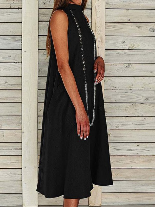 Crew Neck Sleeveless Oversized Side Pocket Shift Midi Dress