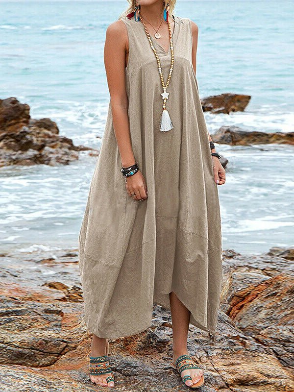 Deep V-Neck Sleeveless Asymmetric Hem Pocket Maxi Dress