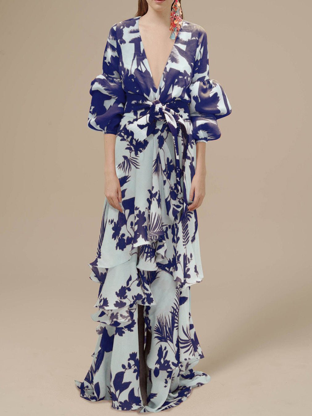 Tropical Print Deep V-Neck Lantern Sleeve Tie Waist Tiered Ruffle Maxi Dress