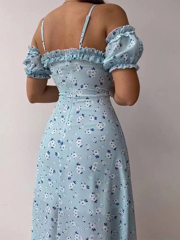 Ditsy Floral Ruffle Trim Sweetheart Off-Shoulder Puff Sleeve High Slit Midi Dress