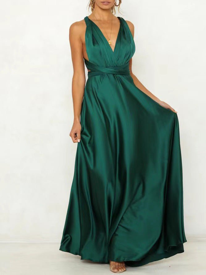 Satin Backless Criss Cross Strap Bow Tie Back Flared Maxi Gown