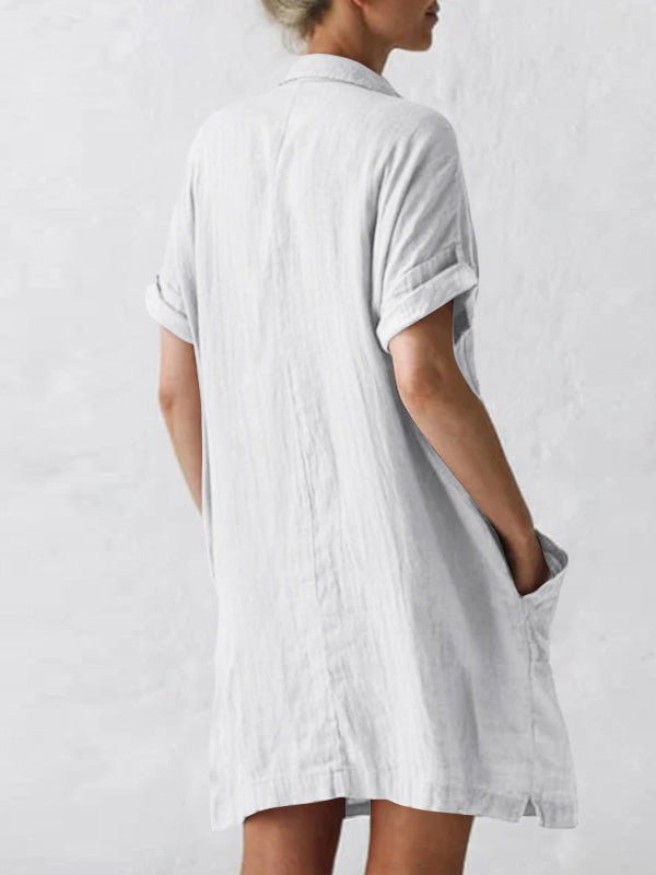 Collared Button Front Rolled Sleeve Multi-Pocket Midi Shirt Dress