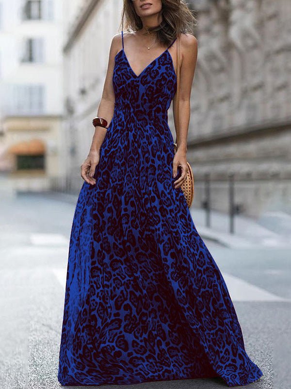 Print Deep V-Neck Spaghetti Strap Flowy Maxi Dress