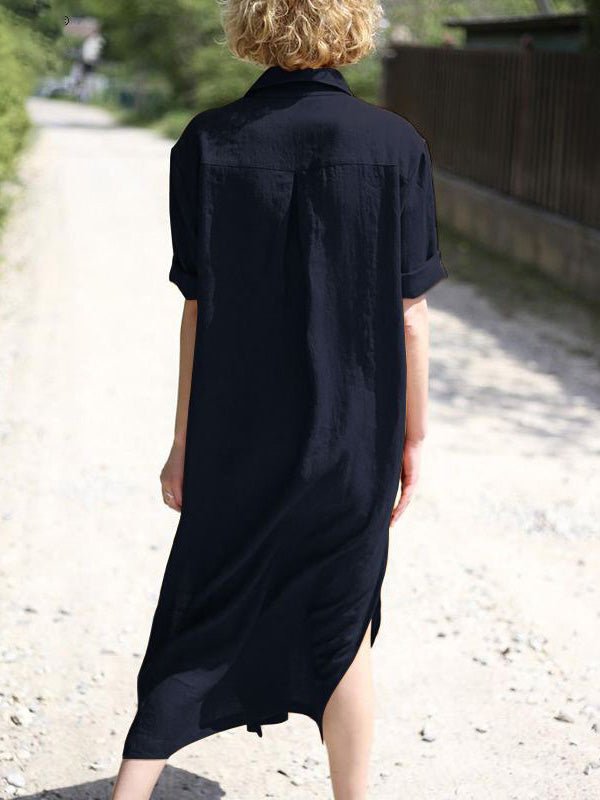 Collared Short Sleeve Roll Cuff Button Front Patch Pocket Longline Shirt Dress