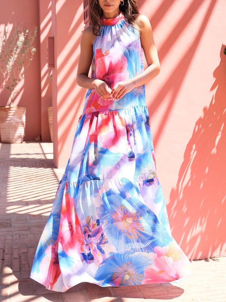 Abstract Floral Print Halter Neck Tie Waist Tiered Maxi Dress
