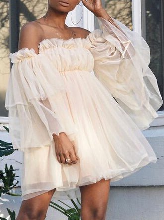 Off Shoulder Ruffle Trim Gathered Bodice Tiered Sheer Mesh Long Sleeve Mini Dress