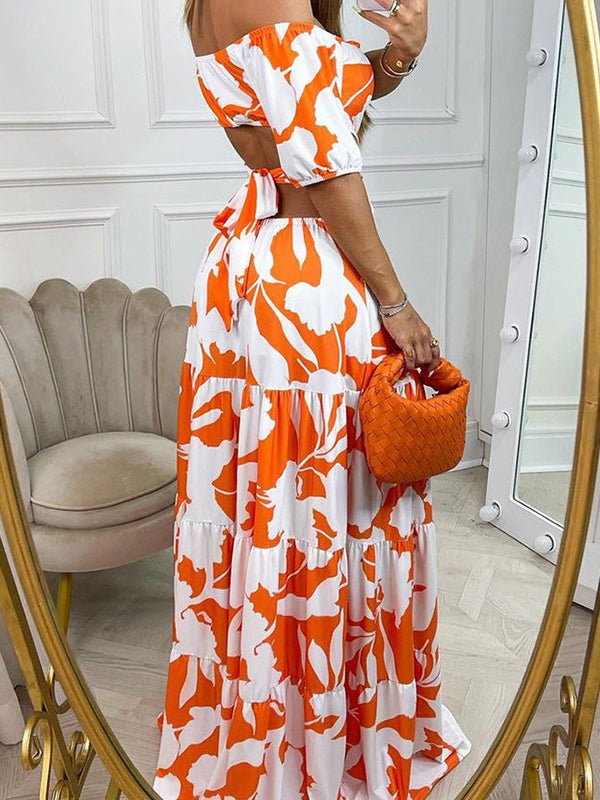 Off Shoulder Puff Sleeve Waist Cutout Tiered Abstract Floral Print Maxi Dress