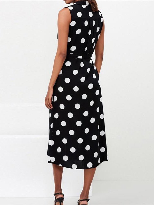 Collared V-Neck Button Front Sleeveless Polka Dot Tie Waist Midi Shirt Dress