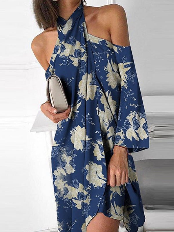 Floral Print Halter Neck Cold Shoulder Bell Sleeve Mini Dress