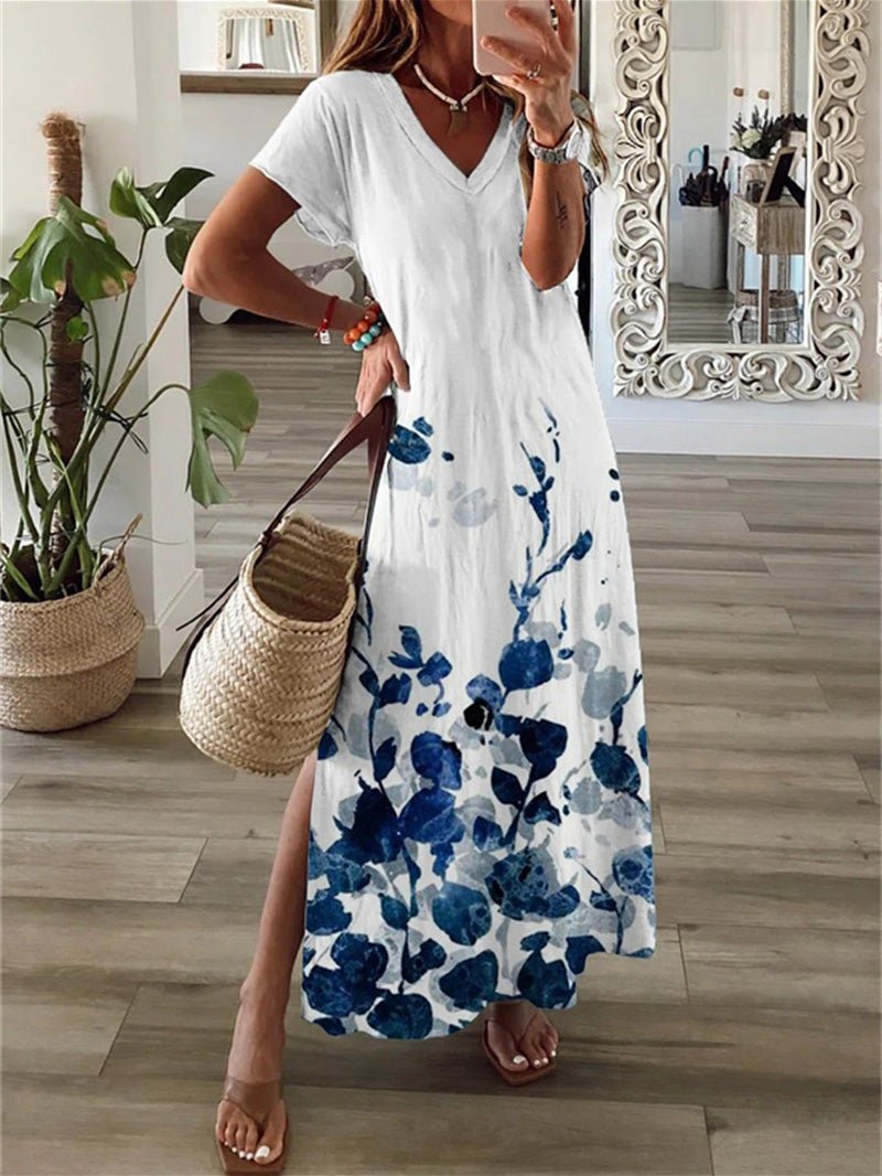 Floral Stripe Print Deep V-Neck Short Sleeve Side Slit Maxi Dress