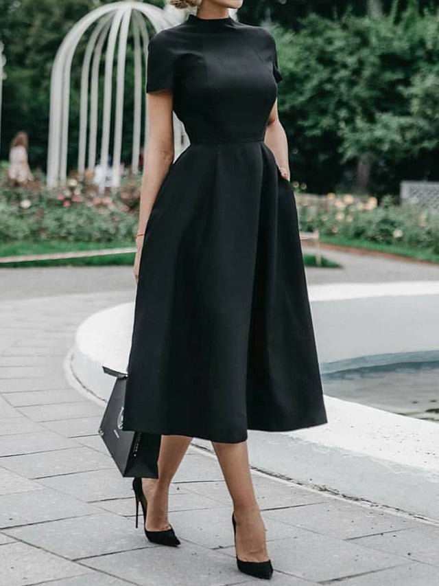 Mock Neck Cap Sleeve Fit and Flare Pocket Midi Dress